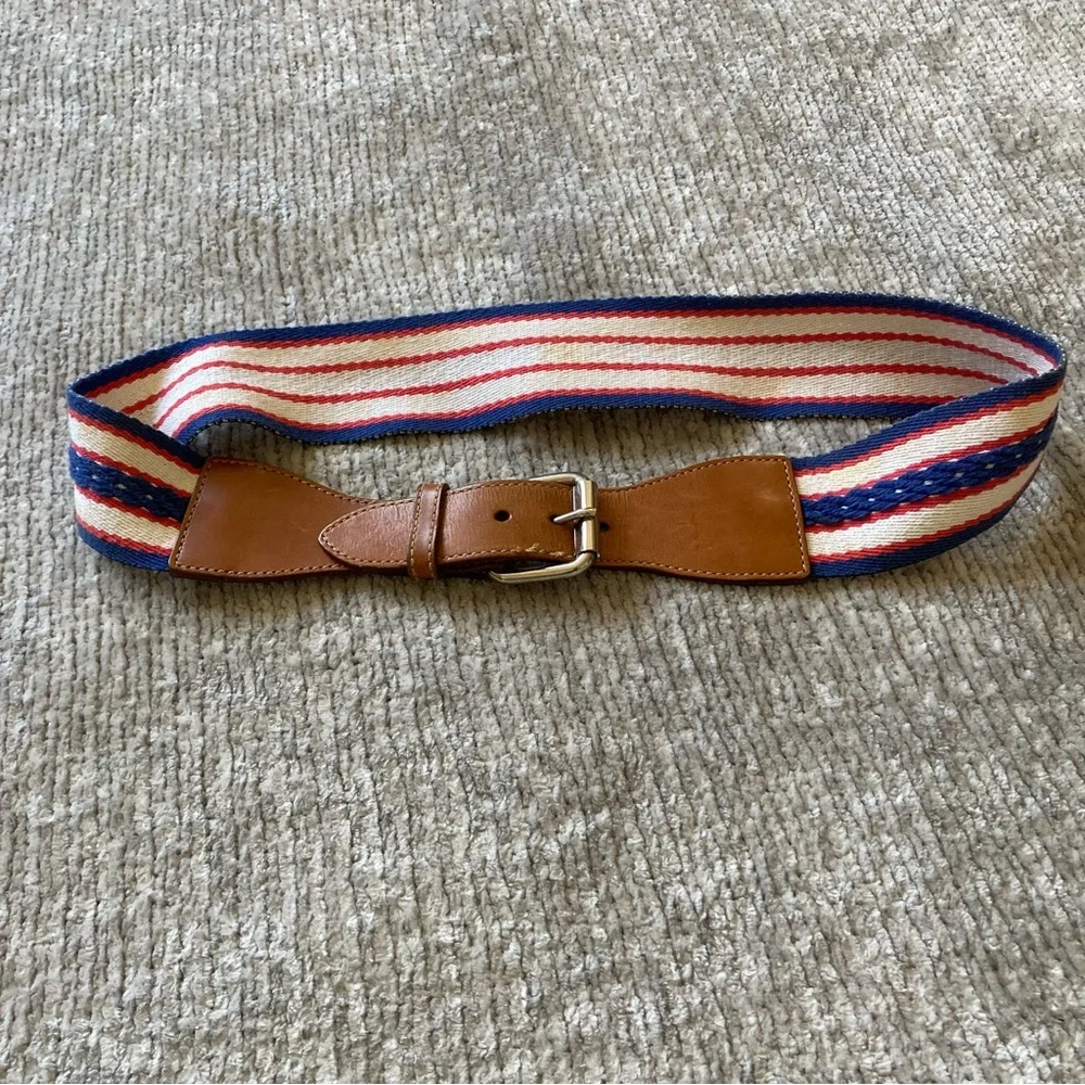 Eddie Bauer Stripe Canvas Leather Belt‎ Large Vintage Americana Red White Blue